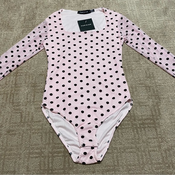 ASOS Tops - {NWT} Parisian Pink/Black Polka Dot Long Sleeve Bodysuit Size 4